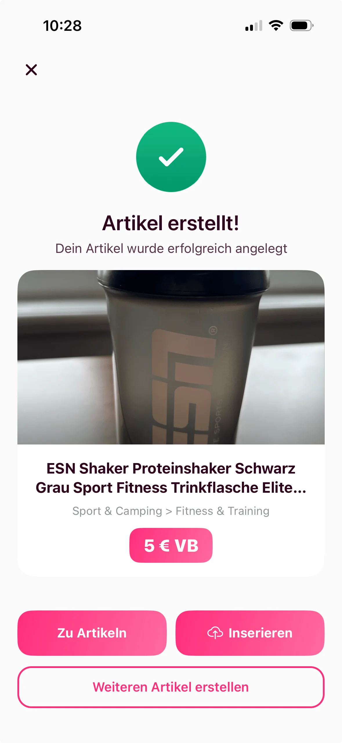 clasify Screen mit fertig erstelltem Artikel