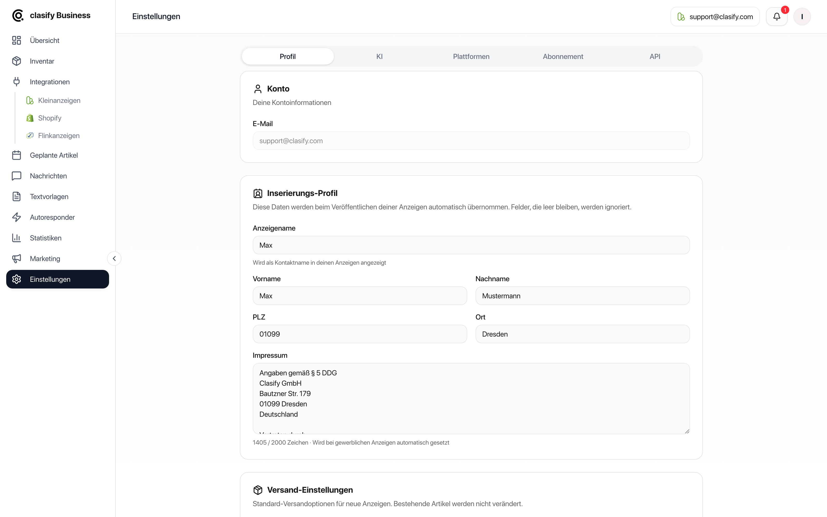 Einstellungen mit Konto, Inserierungsprofil und Versand-Defaults