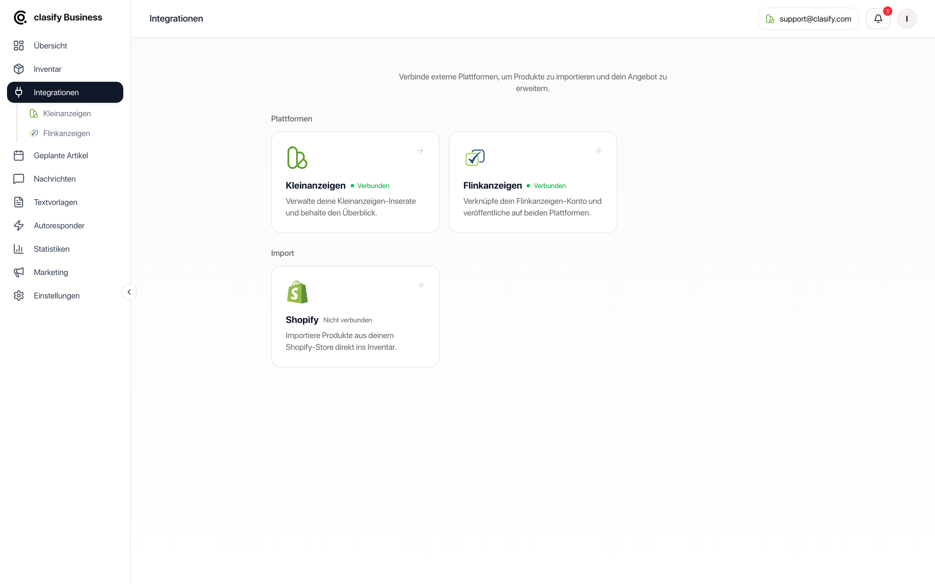 clasify Business Integrationen mit verbundenen Plattformen und Shopify als nicht verbundenem Import