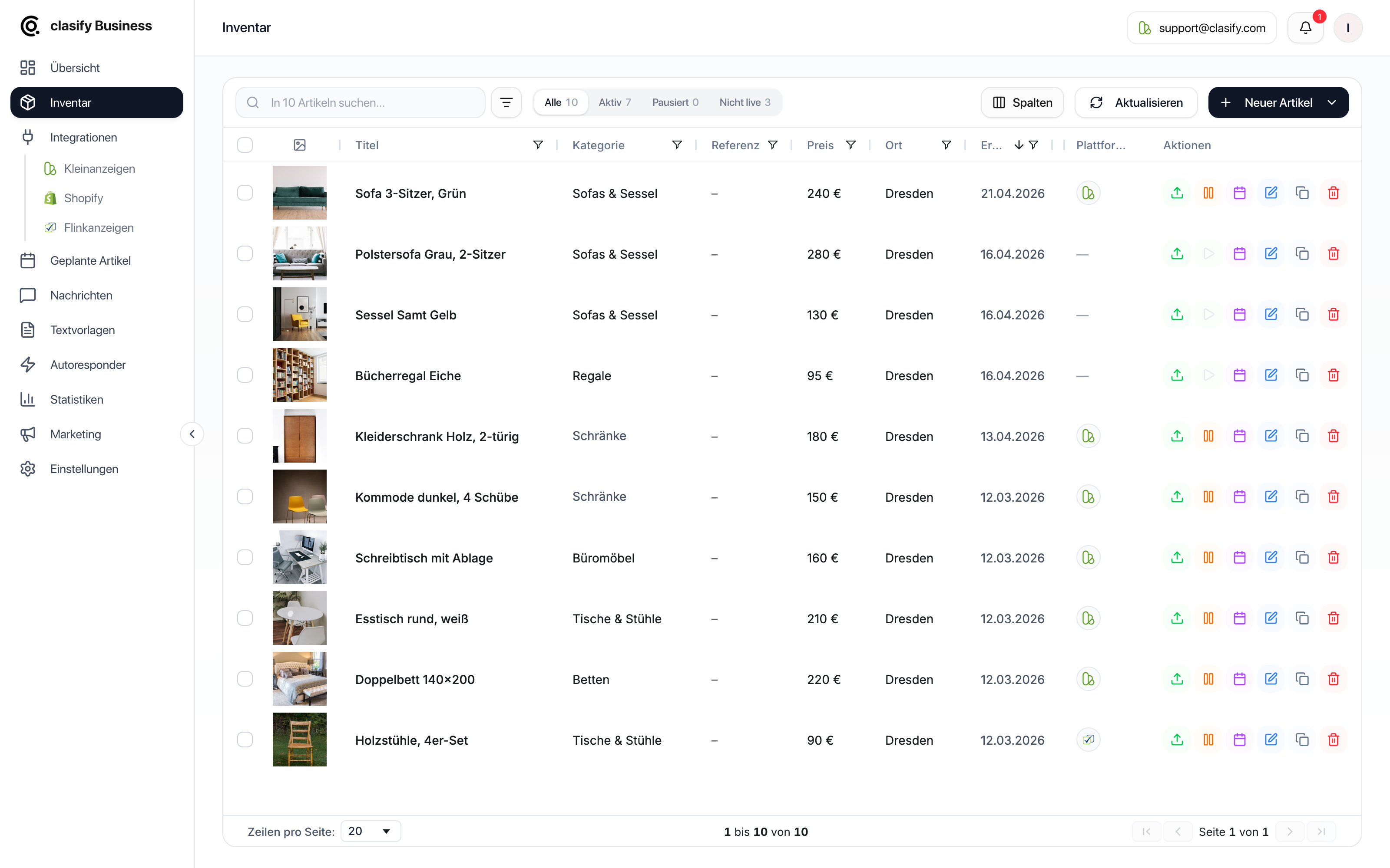 Inventaransicht mit Artikeln, Plattformstatus und Aktionen