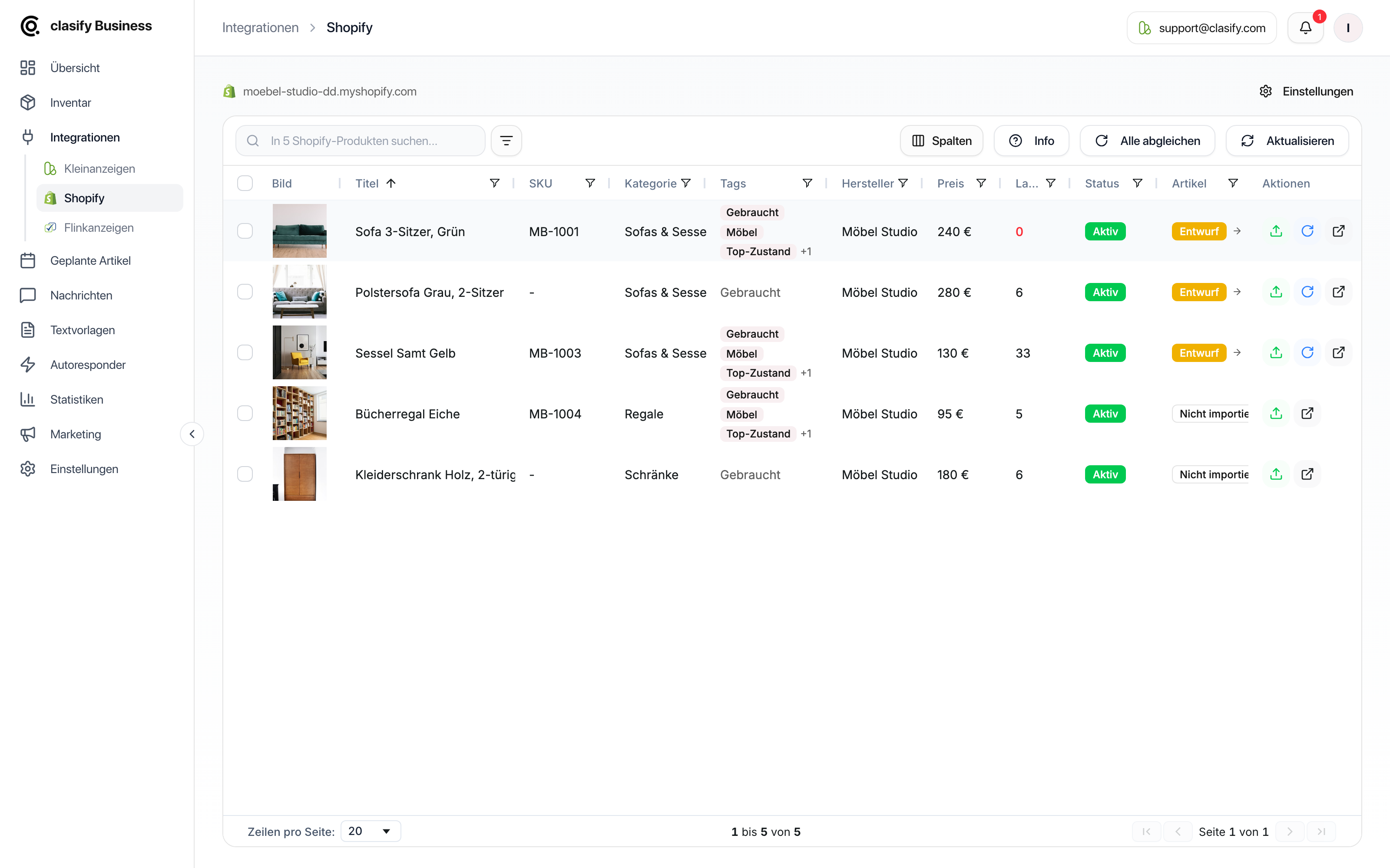 Shopify-Produktliste in clasify Business mit Status, Preisen, Tags und Aktionen