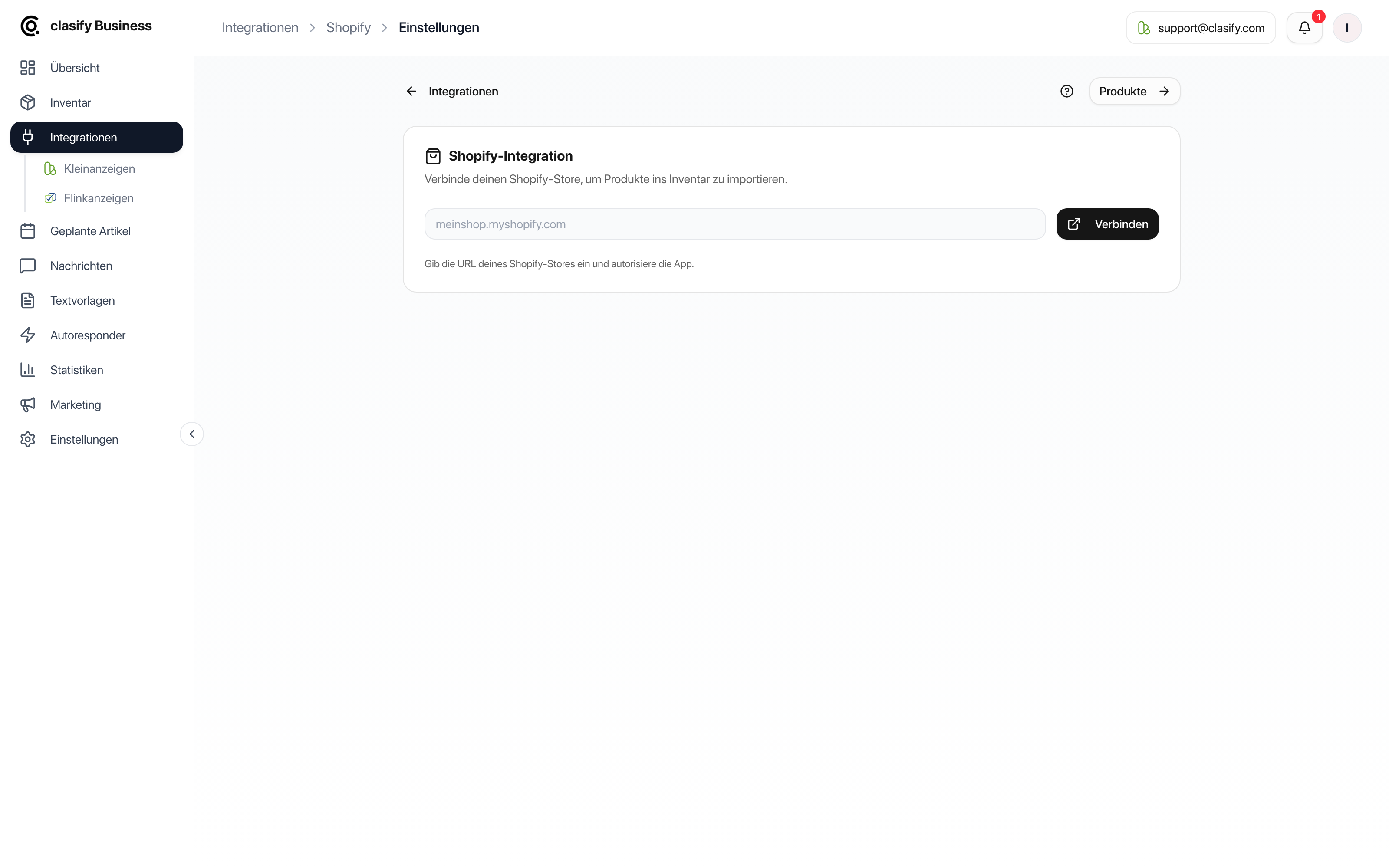 Shopify-Integration mit Eingabefeld für die Store-URL und Verbinden-Button
