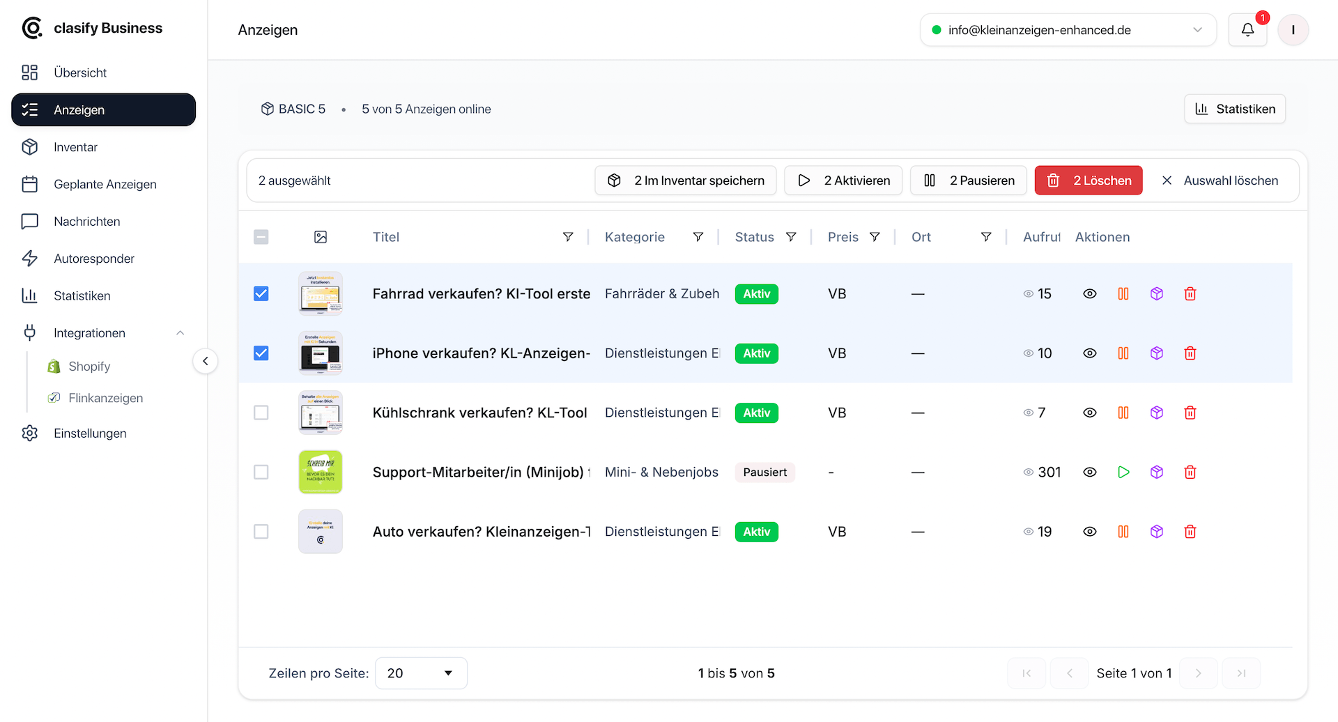 clasify Business Anzeigenverwaltung mit ausgewählten Anzeigen und Bulk-Aktionen