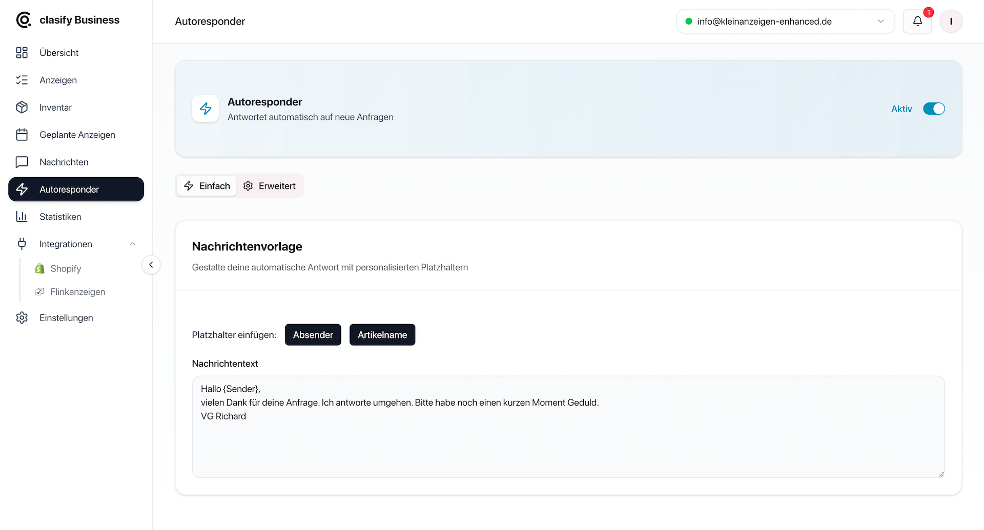 clasify Business einfacher Autoresponder mit Nachrichtenvorlage und Platzhaltern