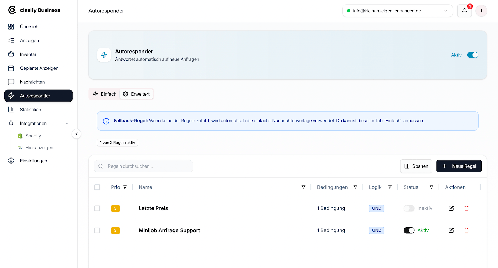 clasify Business erweiterter Autoresponder mit Regeln, Bedingungen und Status