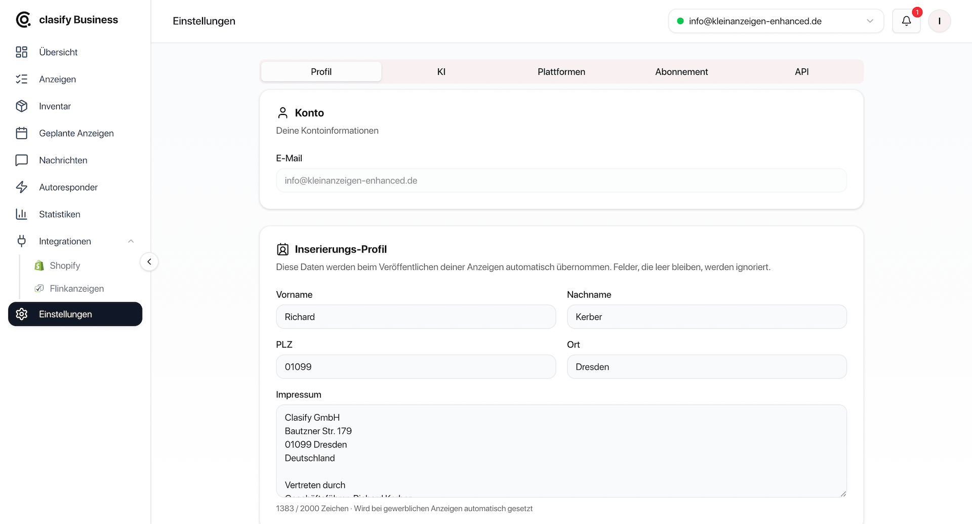 clasify Business Einstellungen mit Profil, Inserierungsprofil und Plattform-Tabs