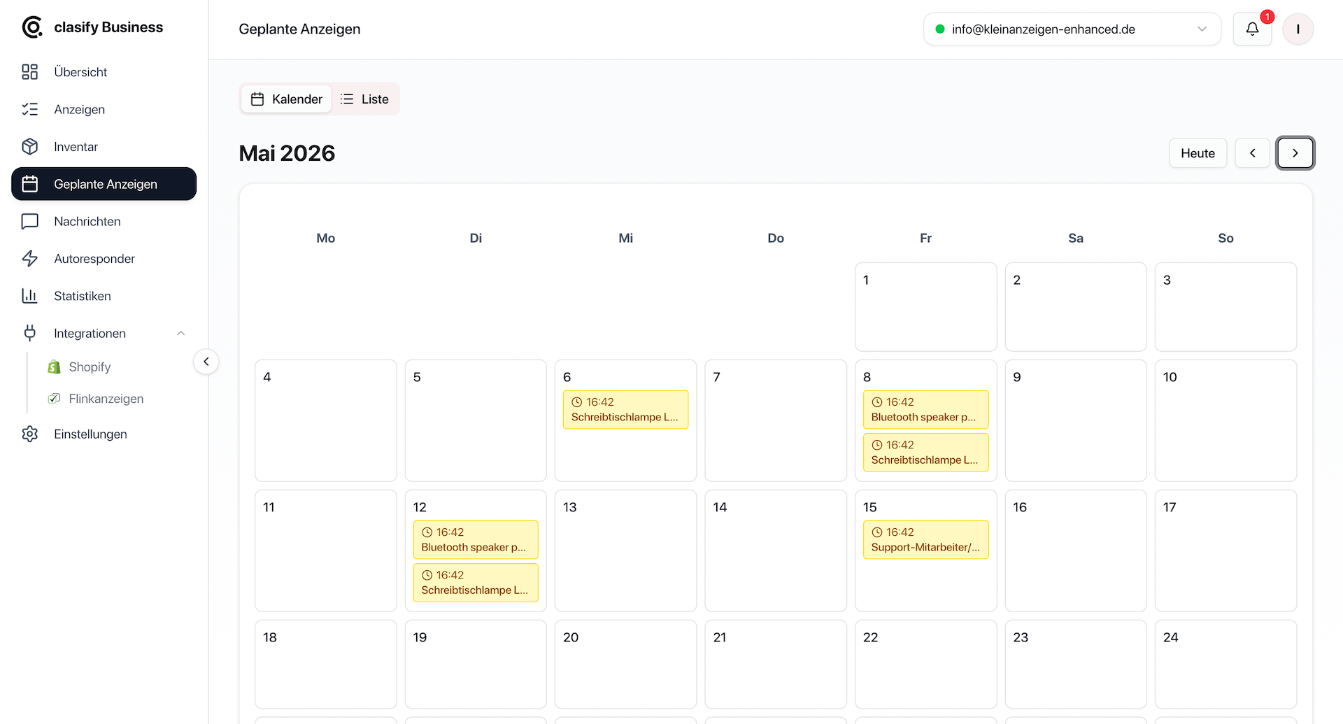 clasify Business Kalender für geplante Anzeigen im Mai 2026