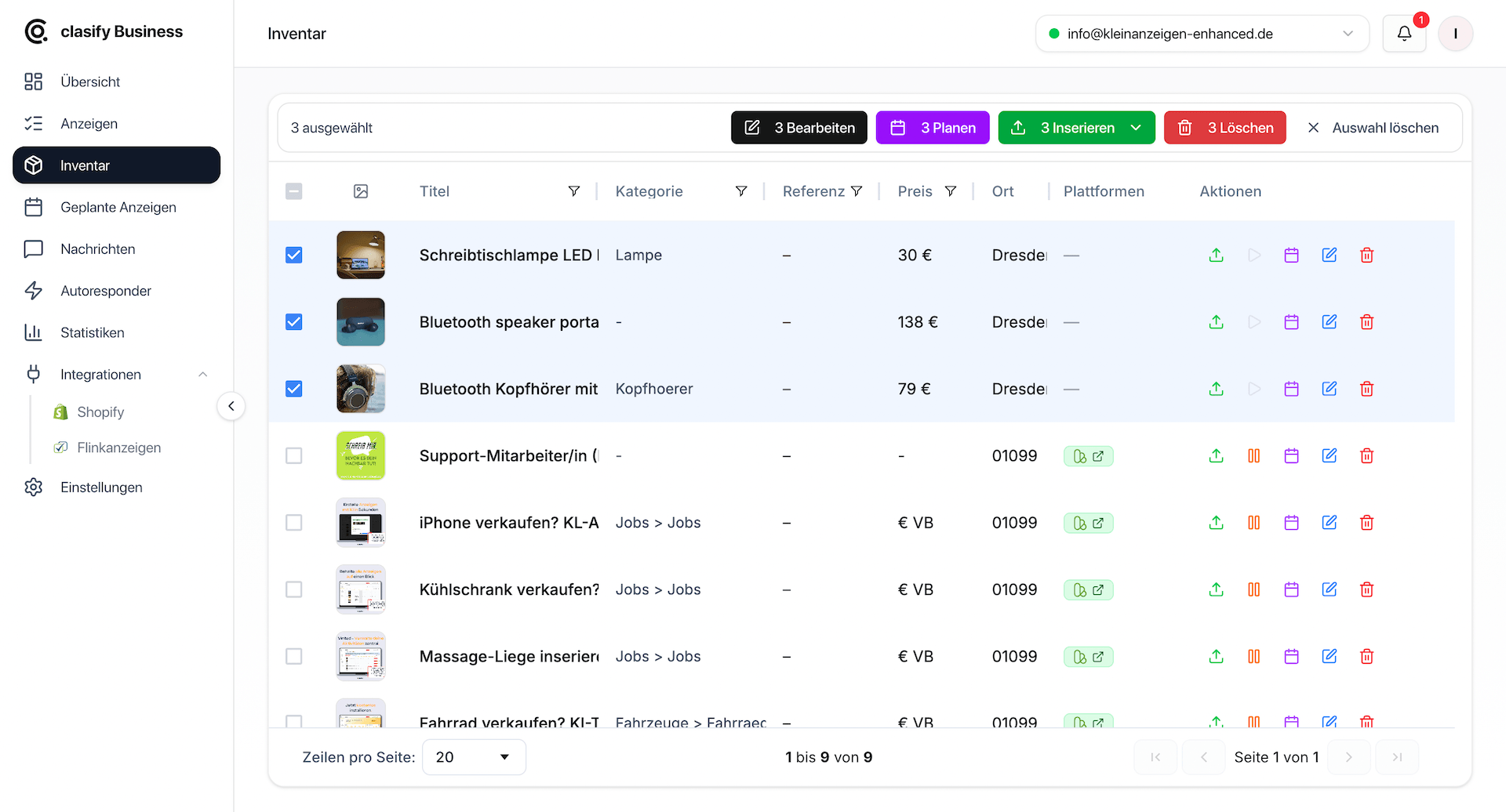 clasify Business Inventarverwaltung mit ausgewählten Artikeln und Aktionen zum Inserieren und Planen