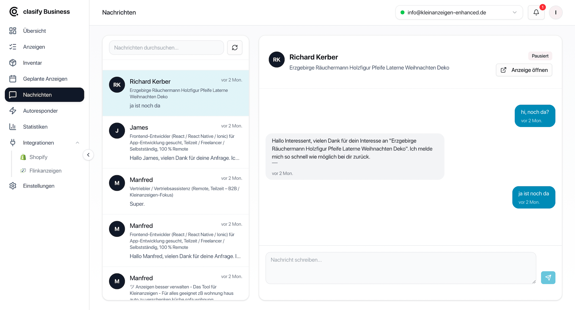 clasify Business Nachrichtenansicht mit Konversation und Antwortfeld