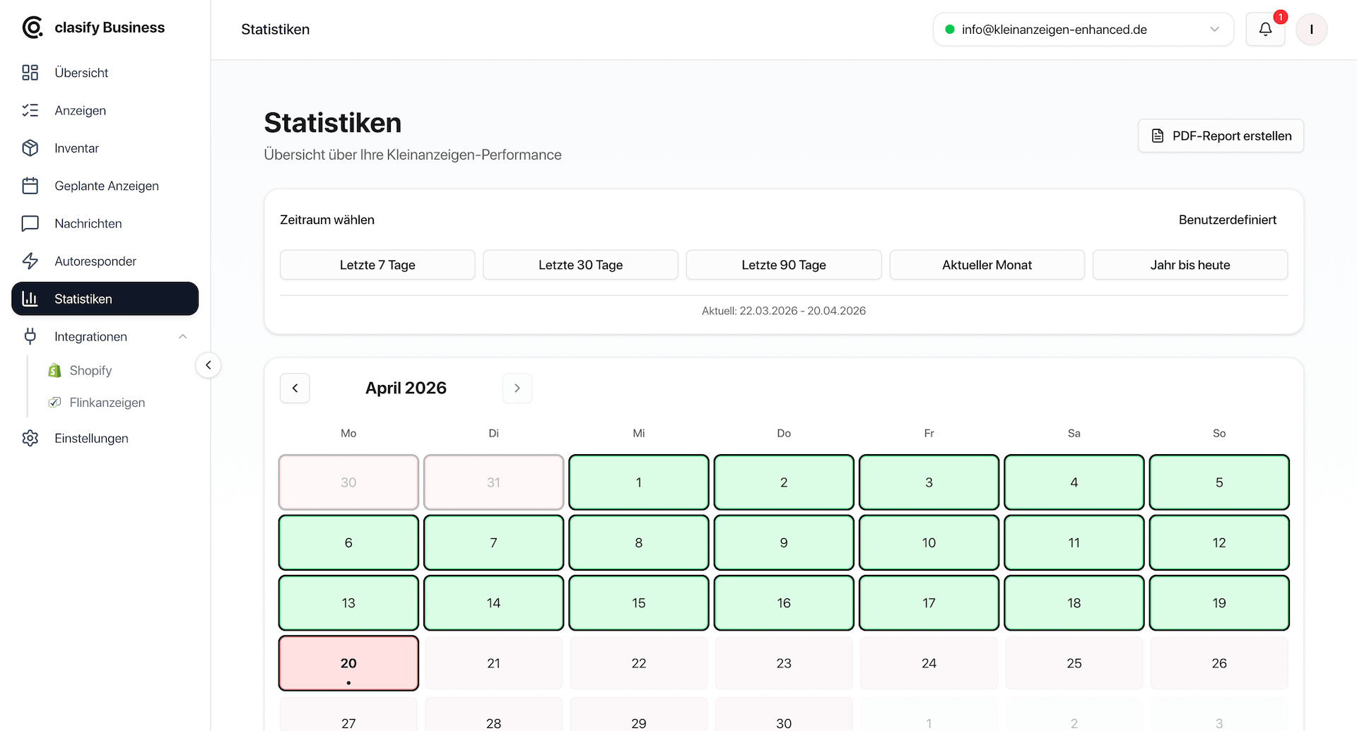 clasify Business Statistikansicht mit Zeitraumwahl und Kalenderauswertung